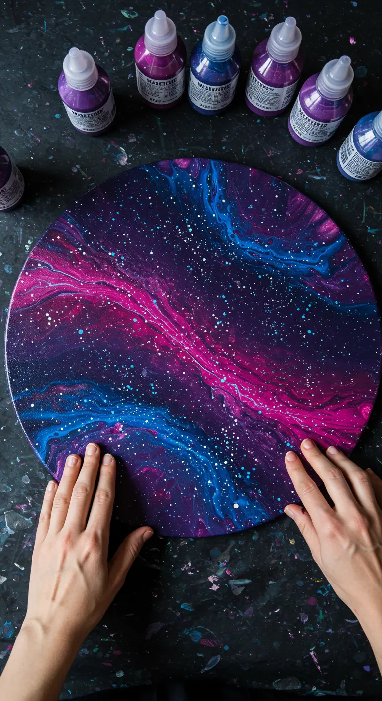 Manos sosteniendo un lienzo circular pintado como una galaxia en tonos púrpura y azul.