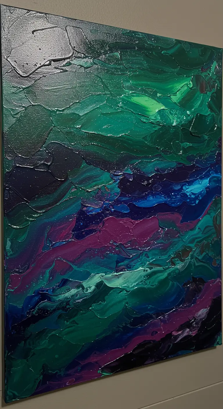 Pintura abstracta con textura brillante en tonos verdes, azules y morados.