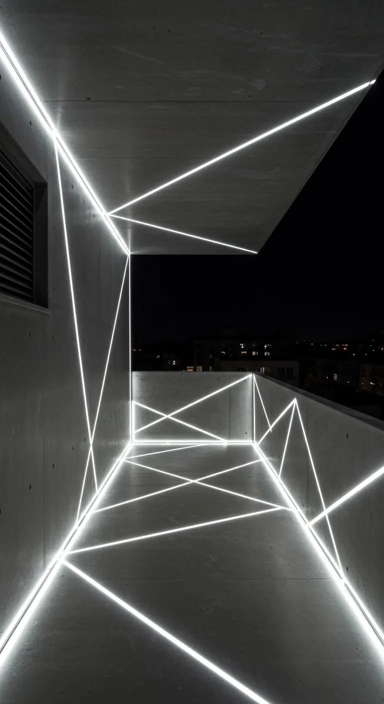 Balcón de hormigón con tiras de luz LED blancas formando líneas geométricas.
