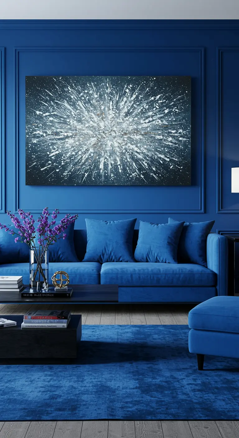 Sala de estar monocromática en tonos azules con un cuadro abstracto de una explosión estelar.