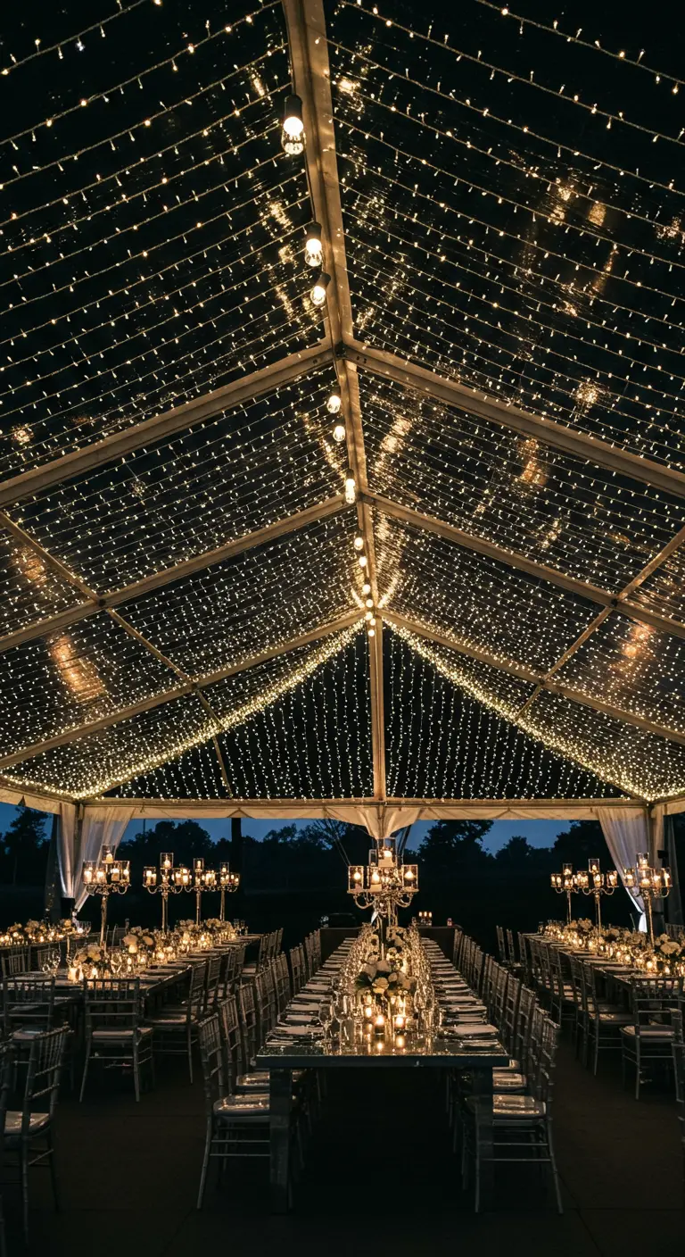 Interior de una carpa de boda transparente con el techo completamente cubierto de luces.