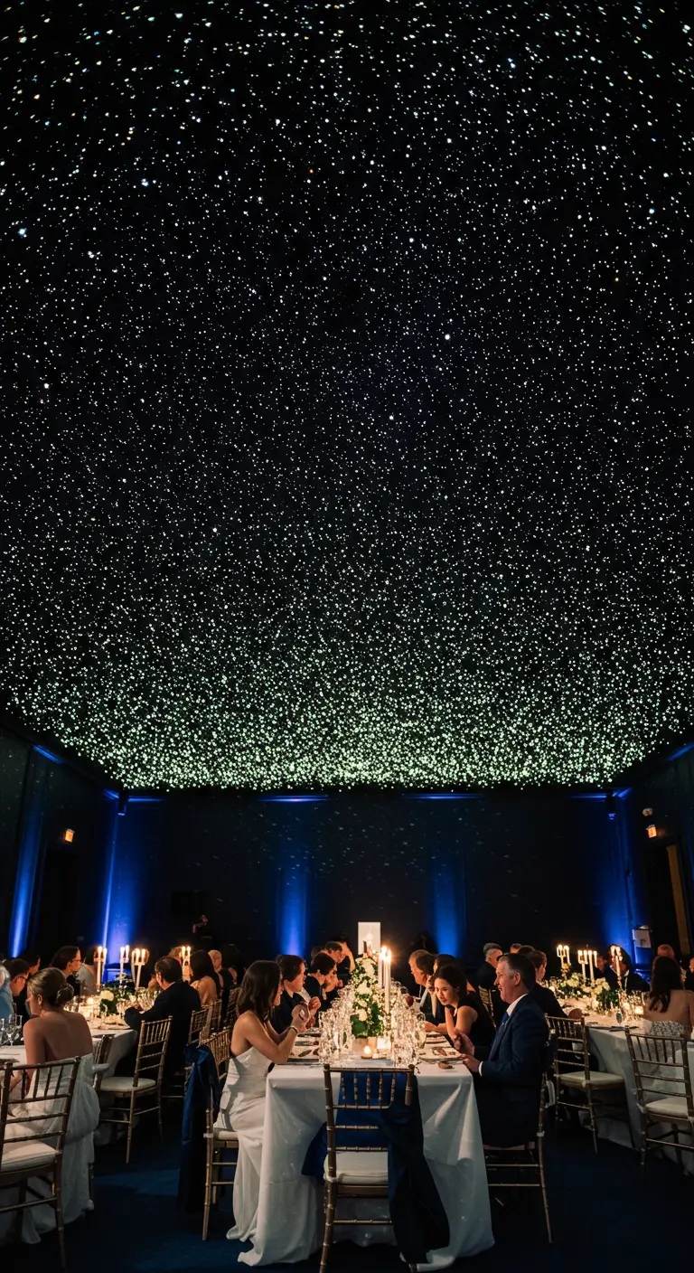 Invitados a una boda cenando bajo un techo oscuro que simula un cielo nocturno estrellado.
