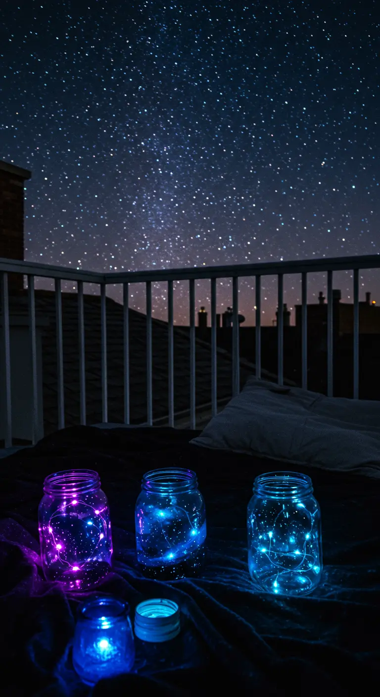 Tres frascos con luces LED de colores morado, azul y cian, bajo un cielo nocturno estrellado.