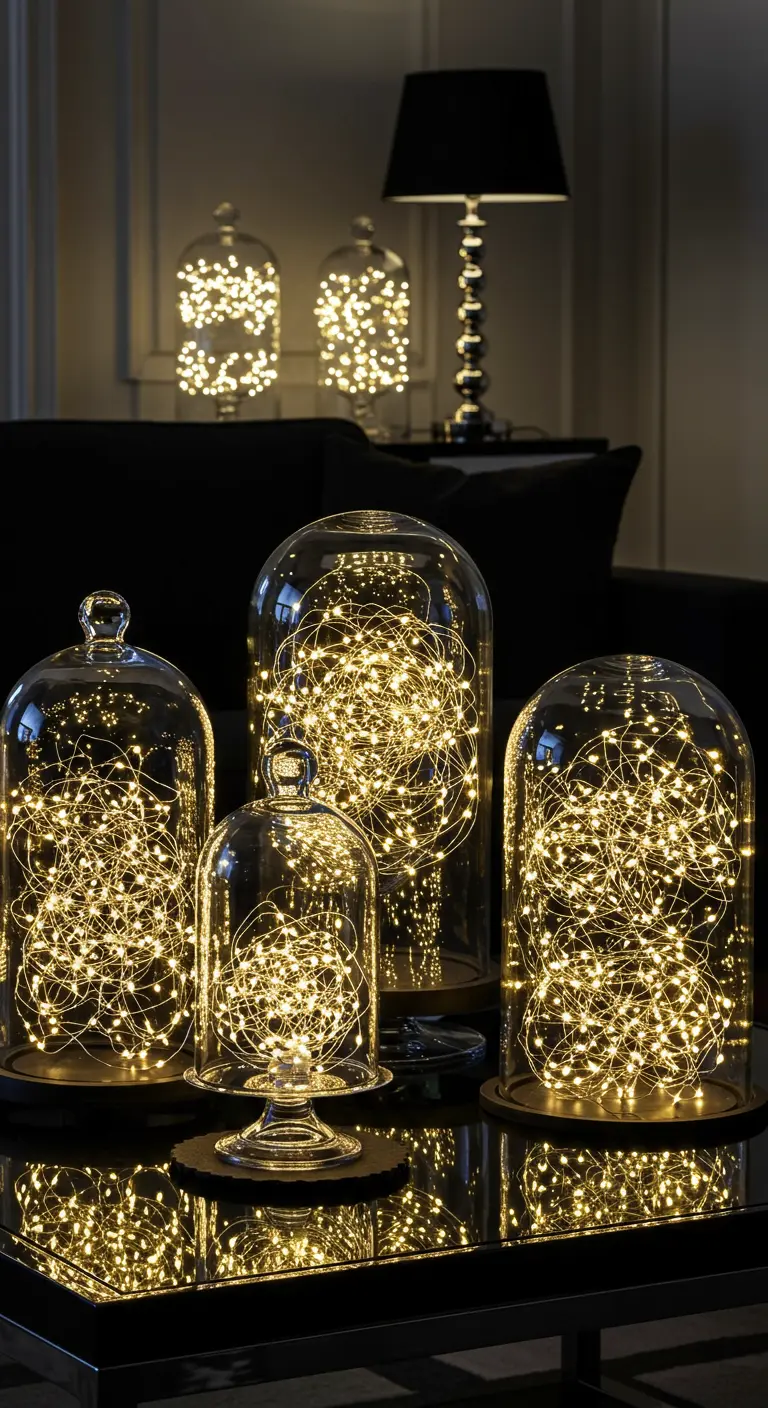 Varias campanas de cristal de diferentes tamaños llenas de luces de hadas sobre una mesa