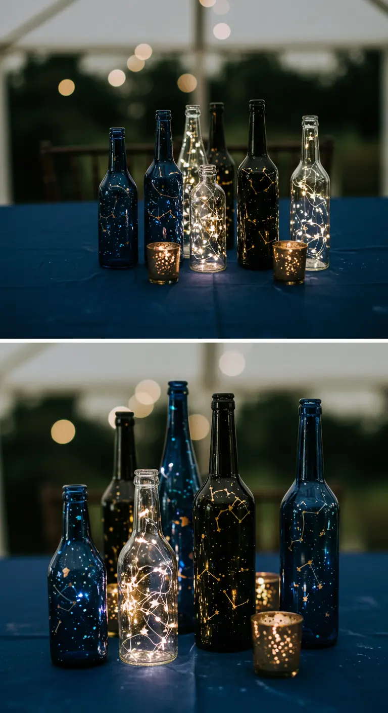Botellas oscuras pintadas con constelaciones y rellenas de luces cálidas.