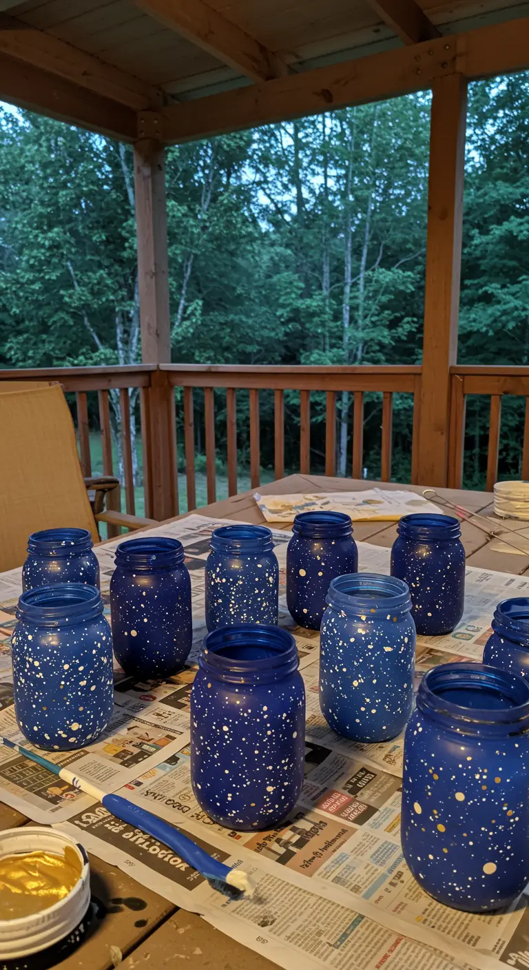 Frascos de vidrio pintados de azul oscuro y salpicados con pintura blanca para simular un cielo estrellado.