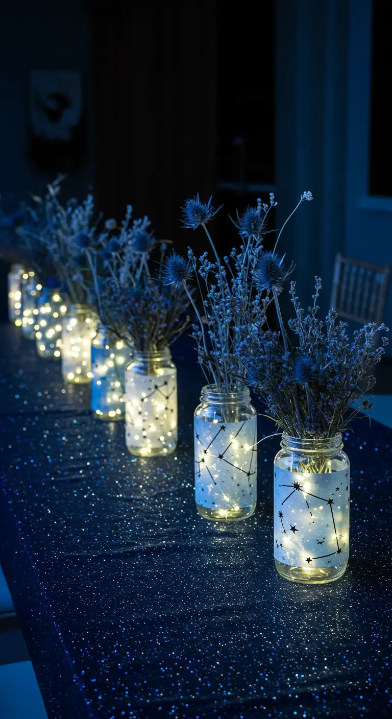 Tarros de cristal decorados con constelaciones e iluminados desde dentro con luces, llenos de flores secas azules.