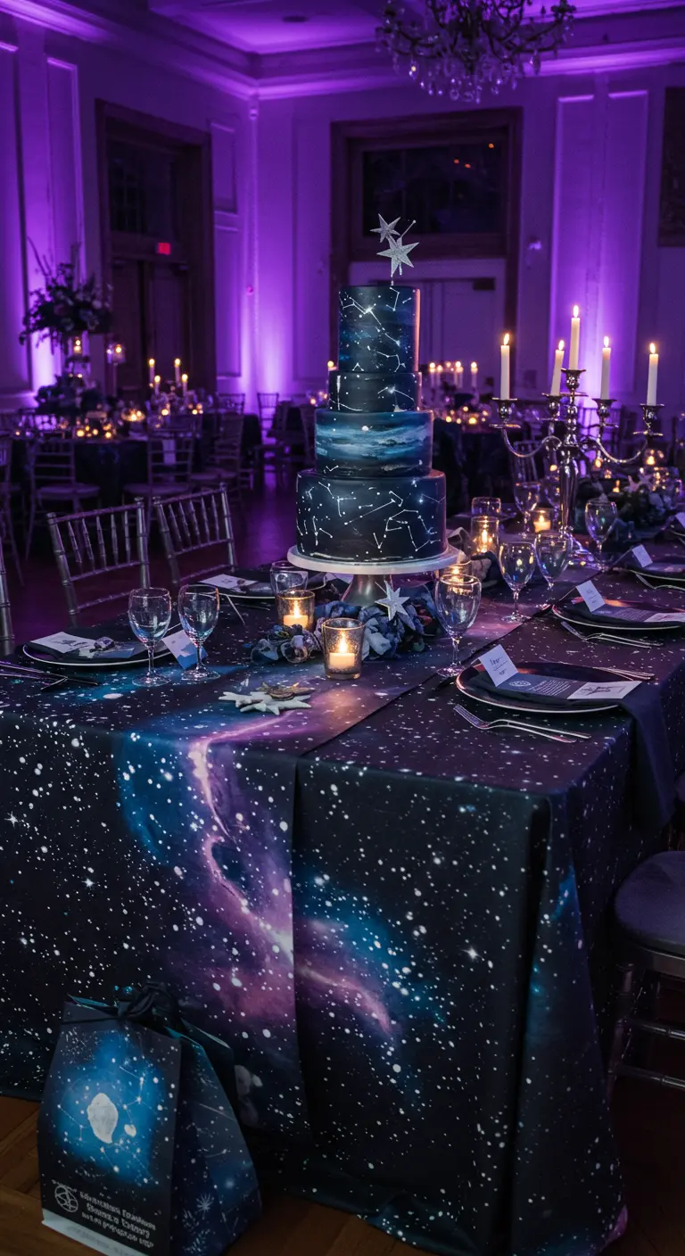 Mesa de fiesta con temática de galaxia, mantel estrellado y un pastel de constelaciones.
