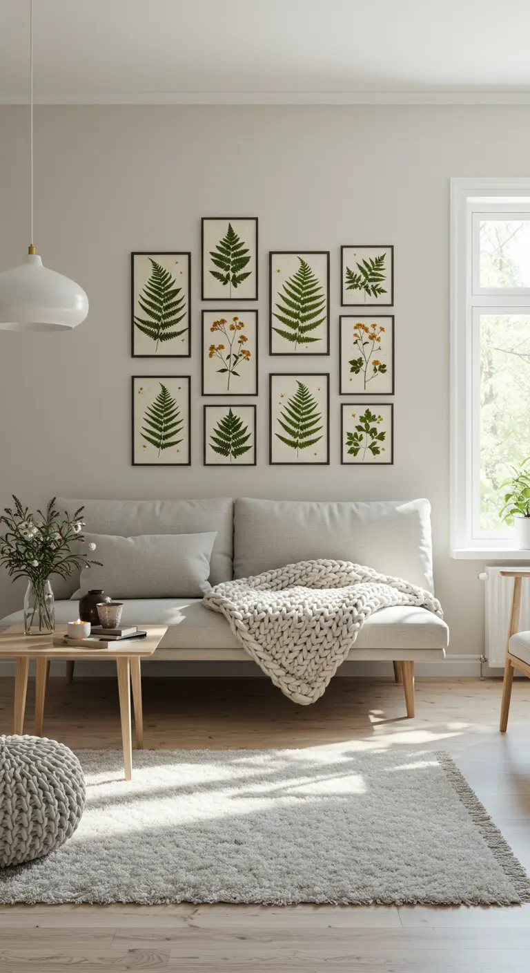 Pared de una sala de estar con una composición de nueve cuadros con ilustraciones de helechos.