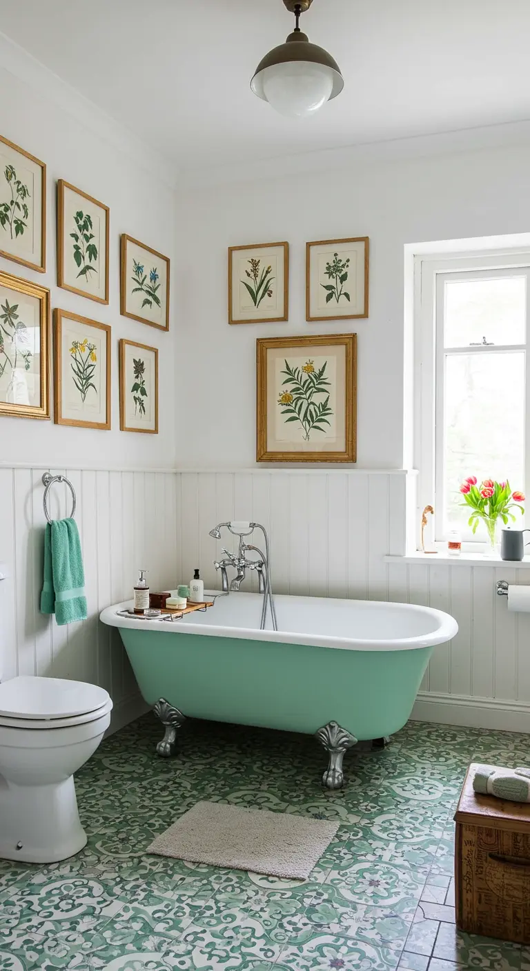 Baño vintage con bañera pintada de verde menta y una galería de láminas botánicas.