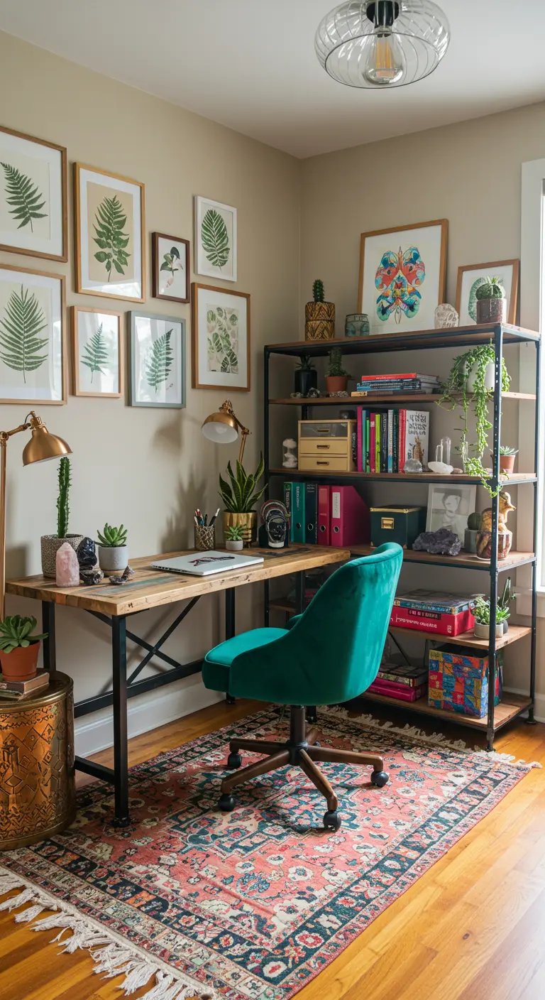 Rincón de trabajo ecléctico con pared de galería botánica y silla de terciopelo verde.