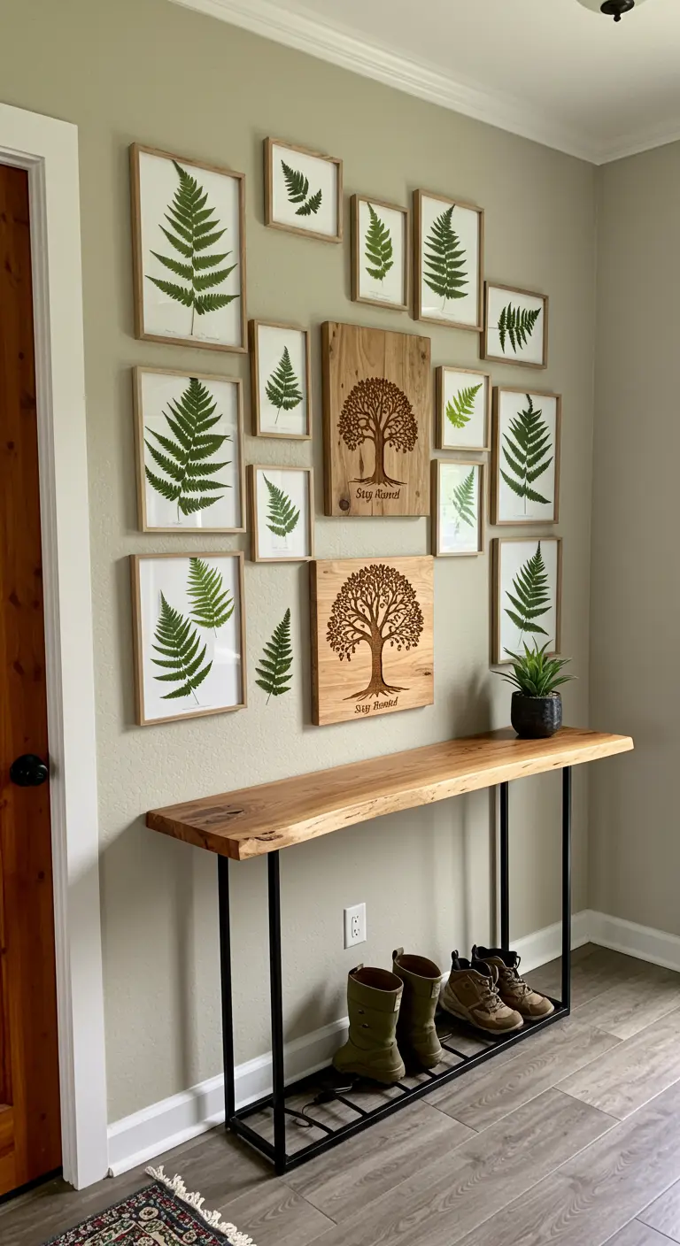 Pared de entrada con una galería de cuadros de helechos y placas de madera grabadas con un árbol.