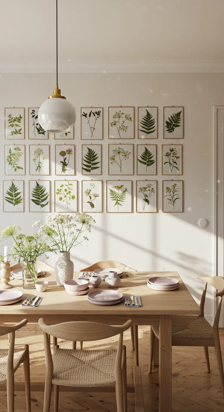 Pared de comedor con una colección de 21 láminas botánicas enmarcadas sobre una mesa de madera.