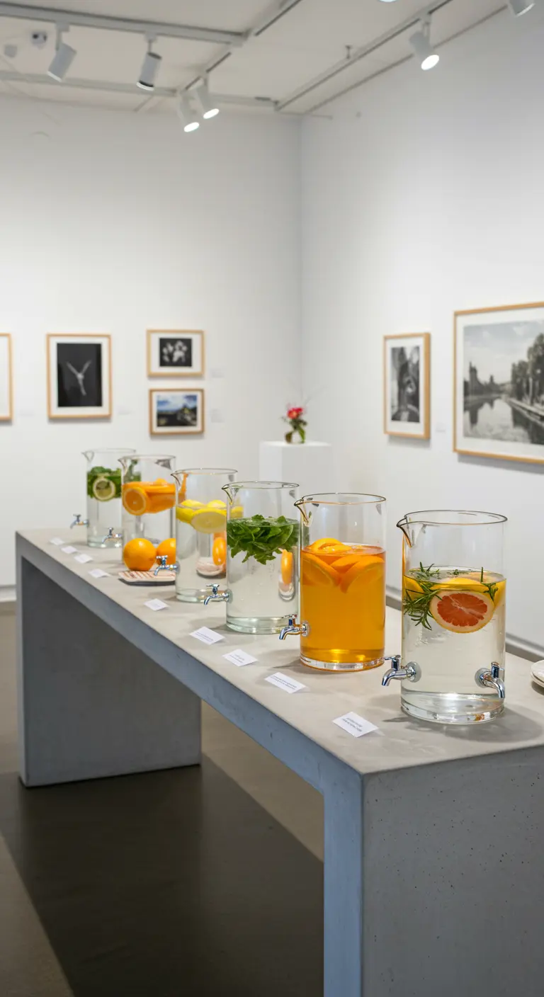 Barra de hormigón minimalista con jarras de aguas infusionadas en una galería de arte.
