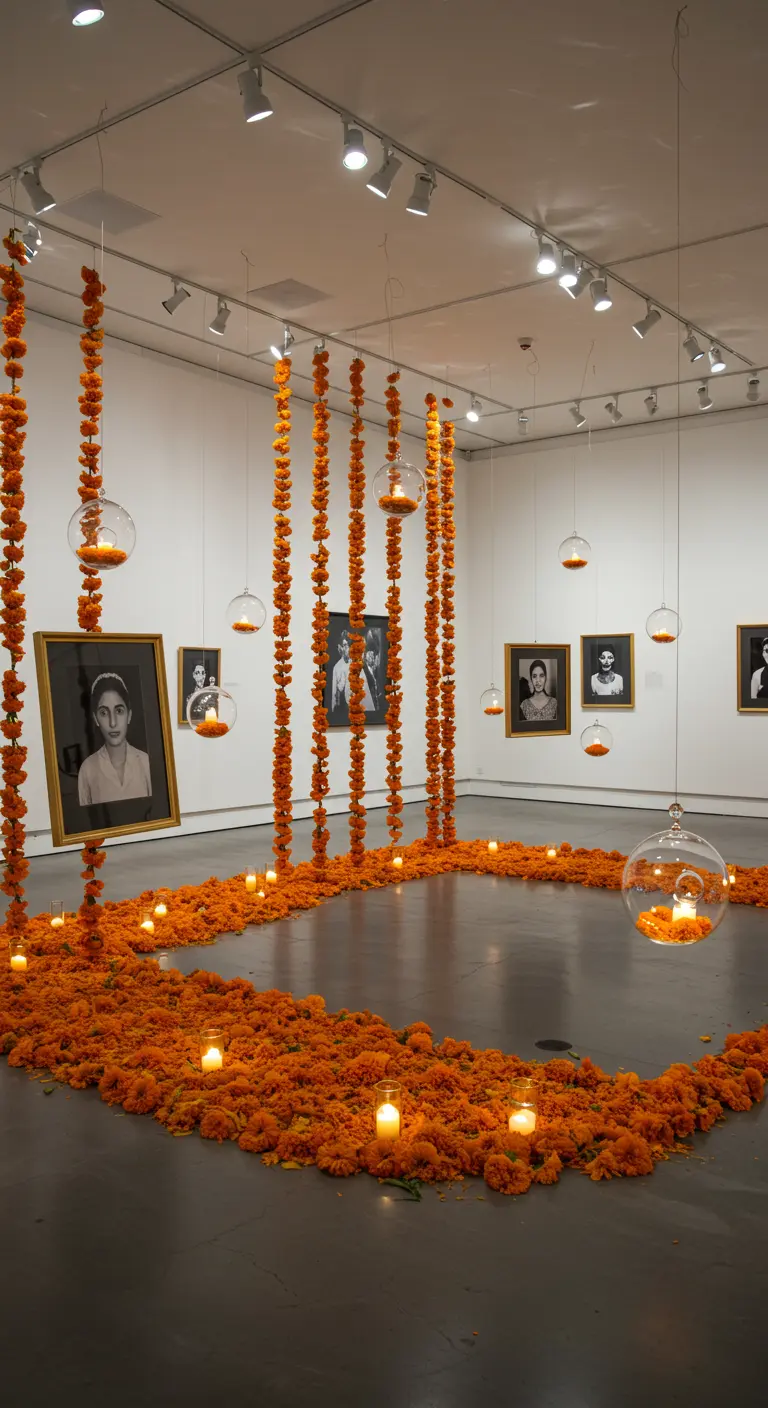 Instalación artística de altar de muertos con guirnaldas colgantes y velas en esferas de cristal.