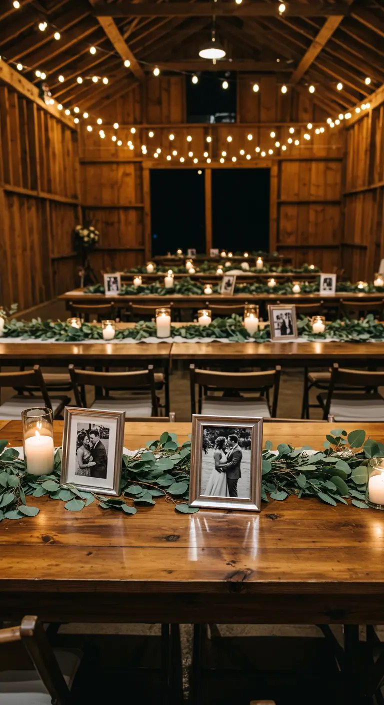 Mesa de madera rústica con fotos de la pareja, velas y eucalipto en un granero.
