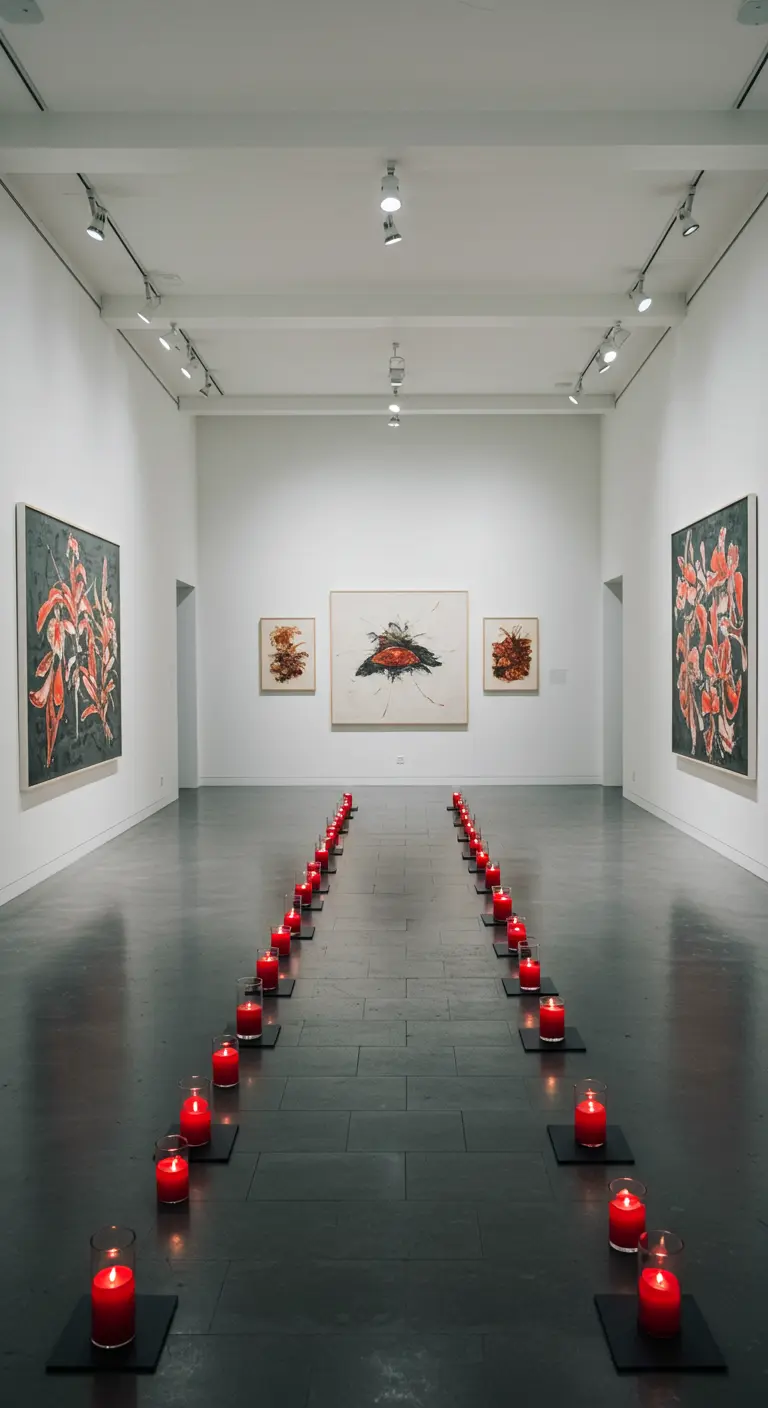 Pasillo de velas rojas en una galería de arte moderna y minimalista.