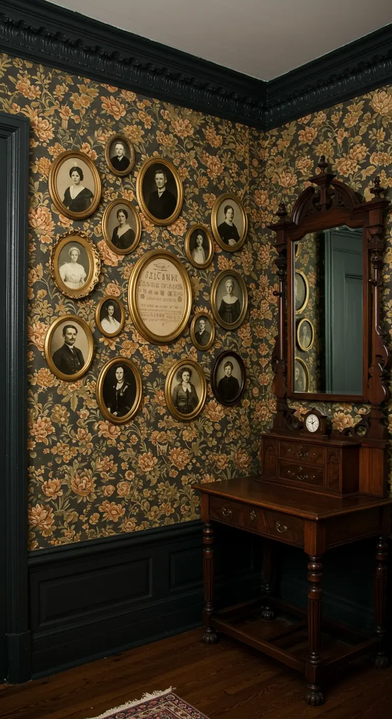 Rincón de estilo victoriano con papel tapiz floral oscuro y una pared llena de retratos en marcos ovalados.
