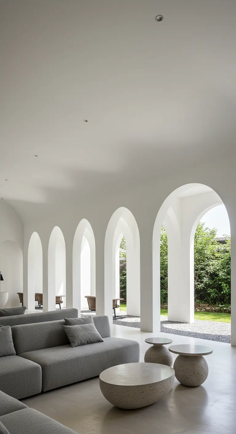 Salón minimalista y moderno con una sucesión de arcos blancos, sofás grises y mesas de piedra.