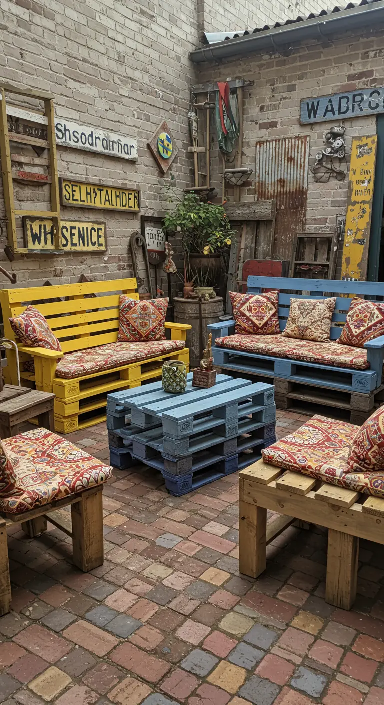 Patio ecléctico con muebles de palets amarillos y azules, y carteles vintage en la pared.