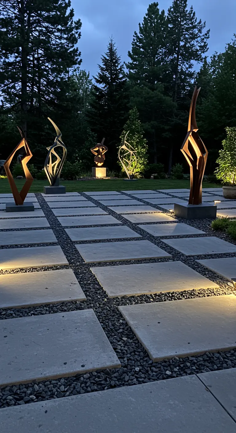 Patio de baldosas de hormigón con esculturas modernas iluminadas por focos en el suelo.