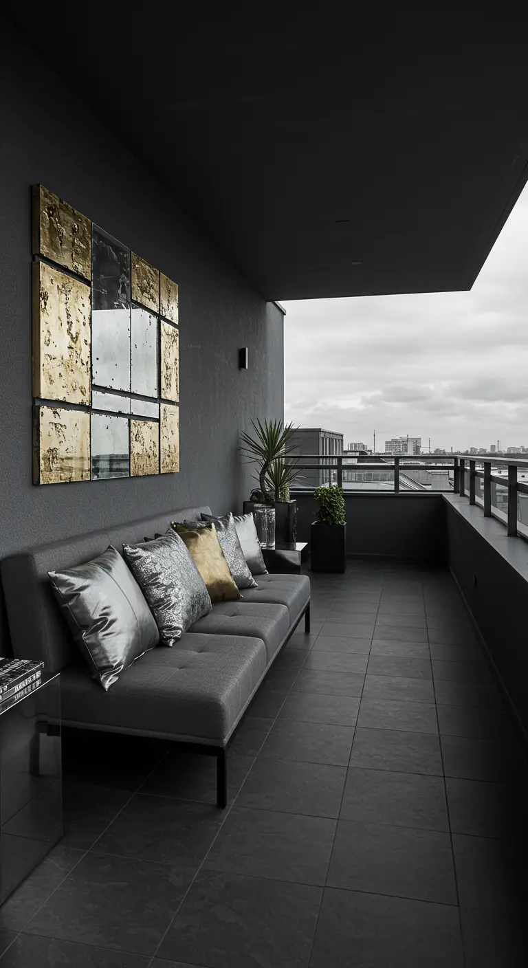 Balcón largo y moderno con sofá gris, cojines metalizados y un mural de espejos con detalles dorados.