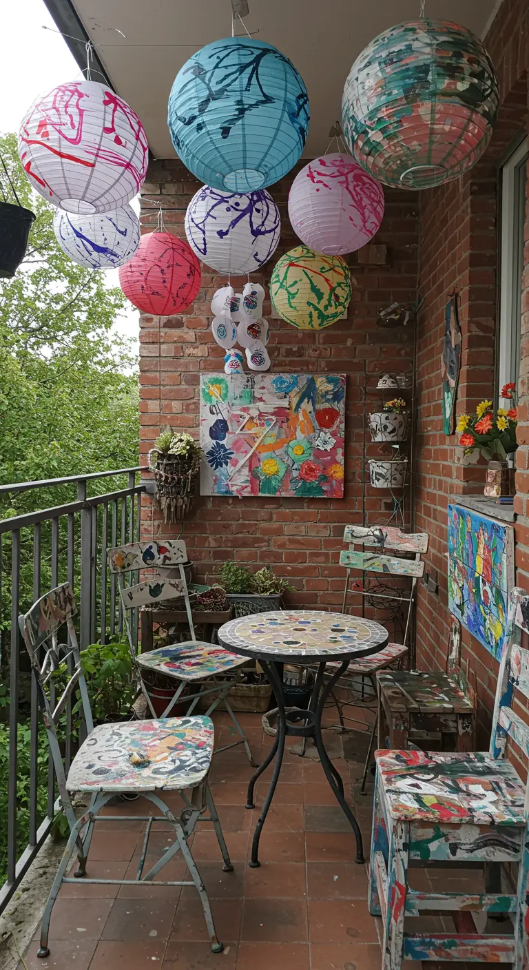 Balcón bohemio y artístico con lámparas de papel personalizadas con salpicaduras de pintura