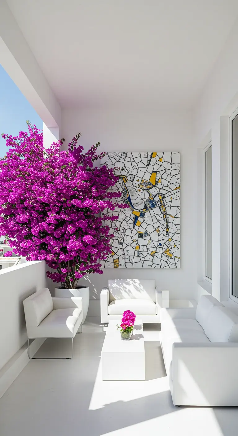 Balcón minimalista blanco con una buganvilla en maceta y un gran cuadro de mosaico.