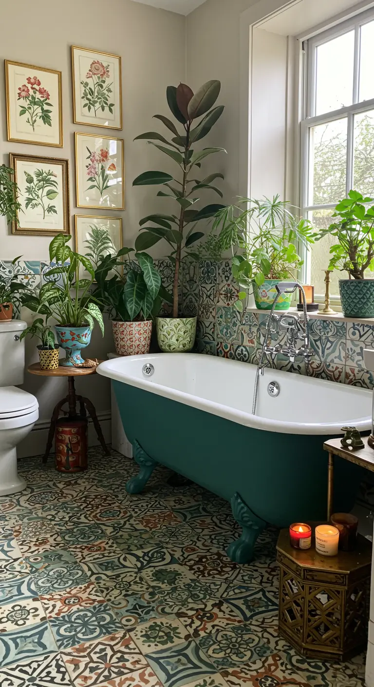 Baño bohemio ecléctico con azulejos estampados, bañera verde y cuadros de plantas.