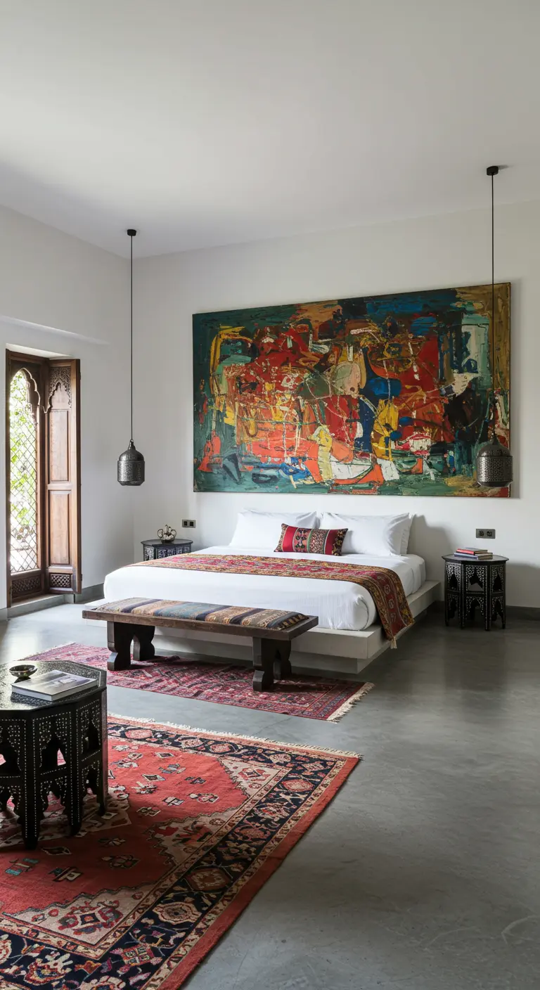 Dormitorio moderno con una gran pintura abstracta sobre la cama, alfombras bereberes superpuestas y mesitas talladas.
