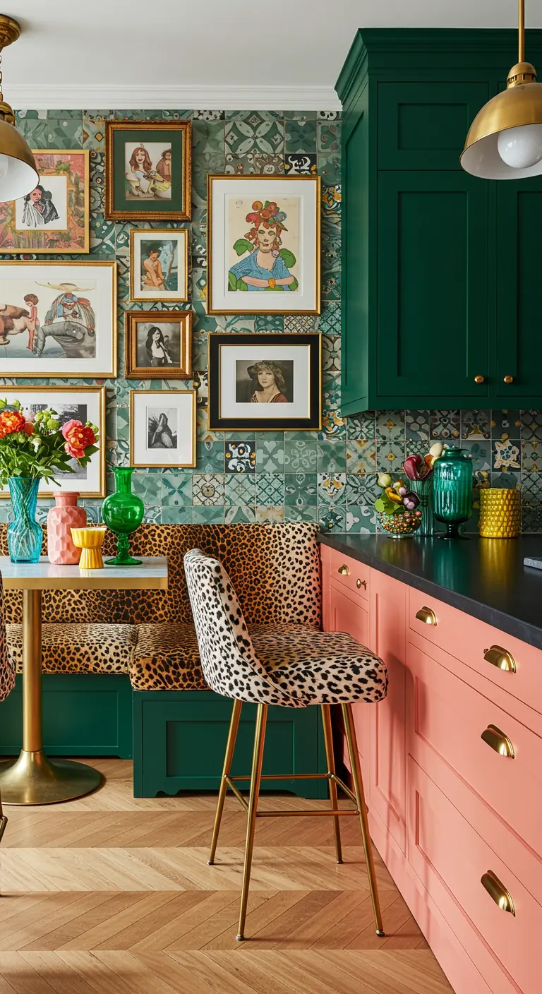 Cocina ecléctica con gabinetes en rosa coral y verde, pared de galería y asientos de leopardo.