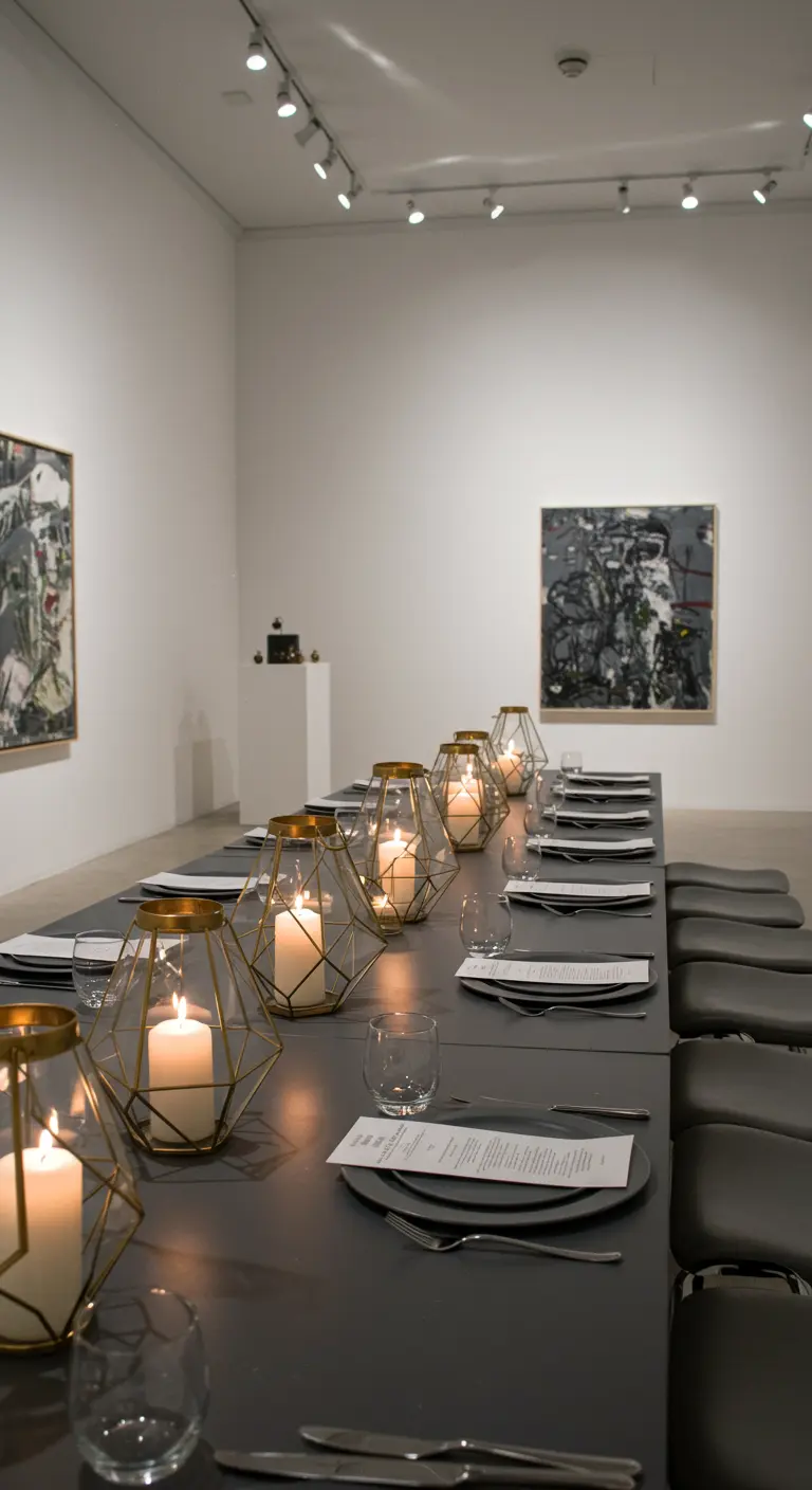 Mesa larga y gris en una galería de arte con farolillos geométricos dorados como centros de mesa.