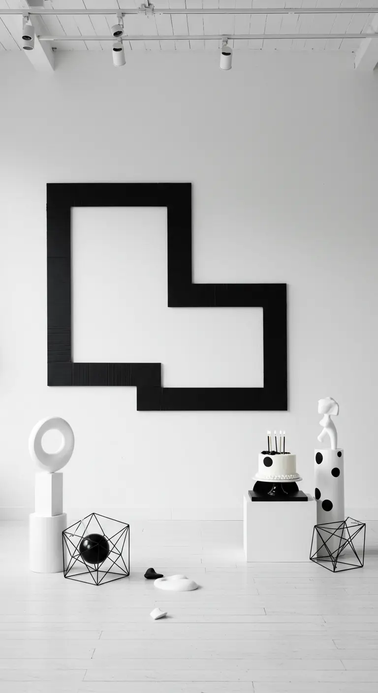 Marco de photocall negro, asimétrico y minimalista en una sala de arte blanca con un pastel.