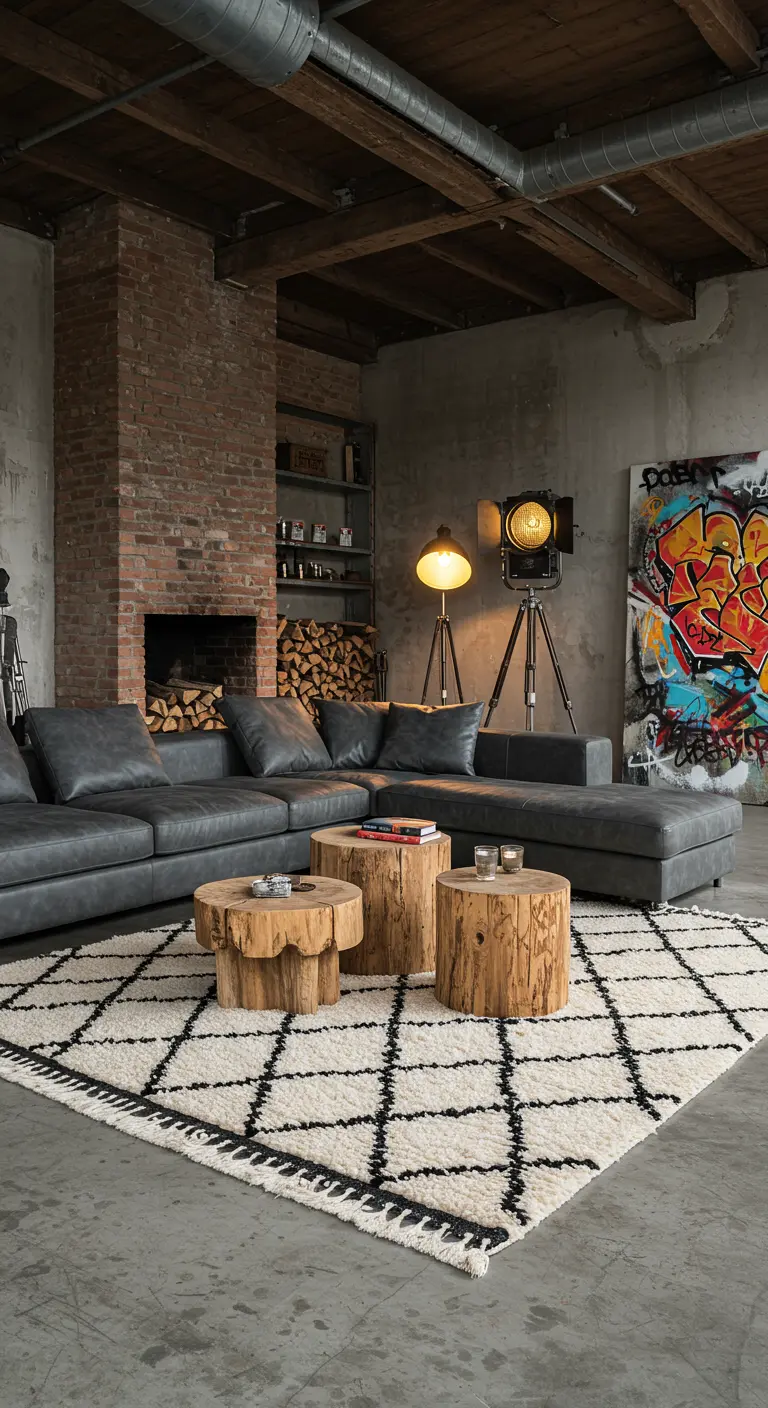 Sala de estar industrial con sofá seccional gris, mesas de tronco y arte de grafiti.