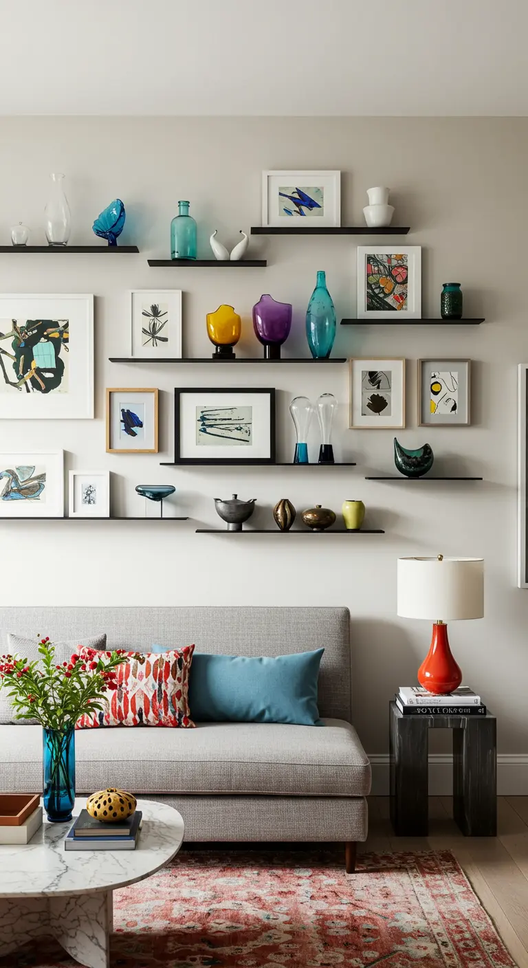 Varias estanterías flotantes delgadas exhibiendo una colección de arte y jarrones de colores.