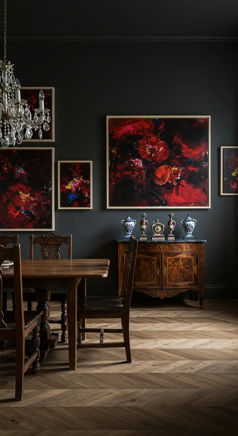 Comedor con paredes grises oscuras y una colección de cuadros florales modernos.