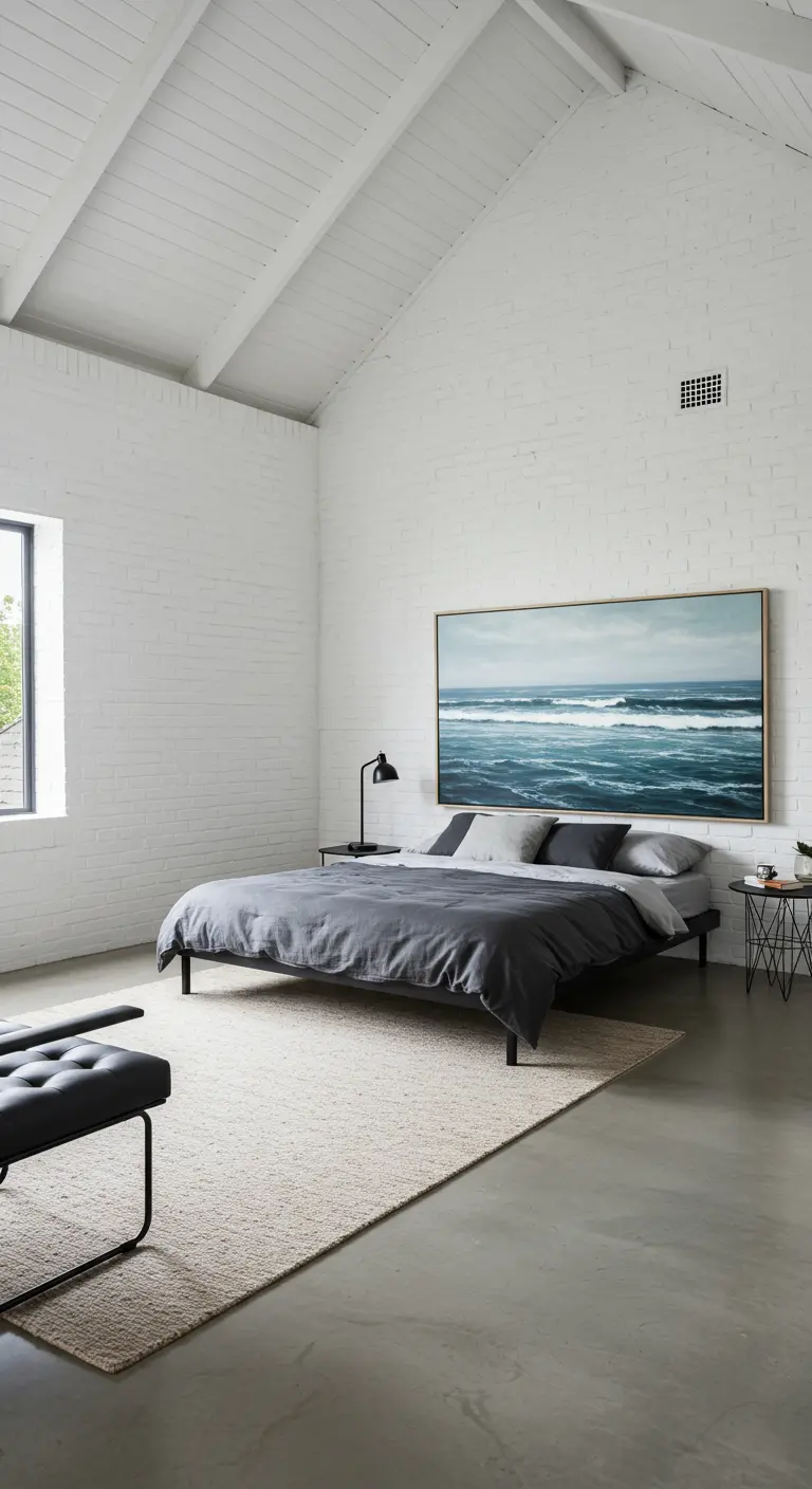 Dormitorio minimalista con pared de ladrillo blanco y un gran cuadro de olas del mar.