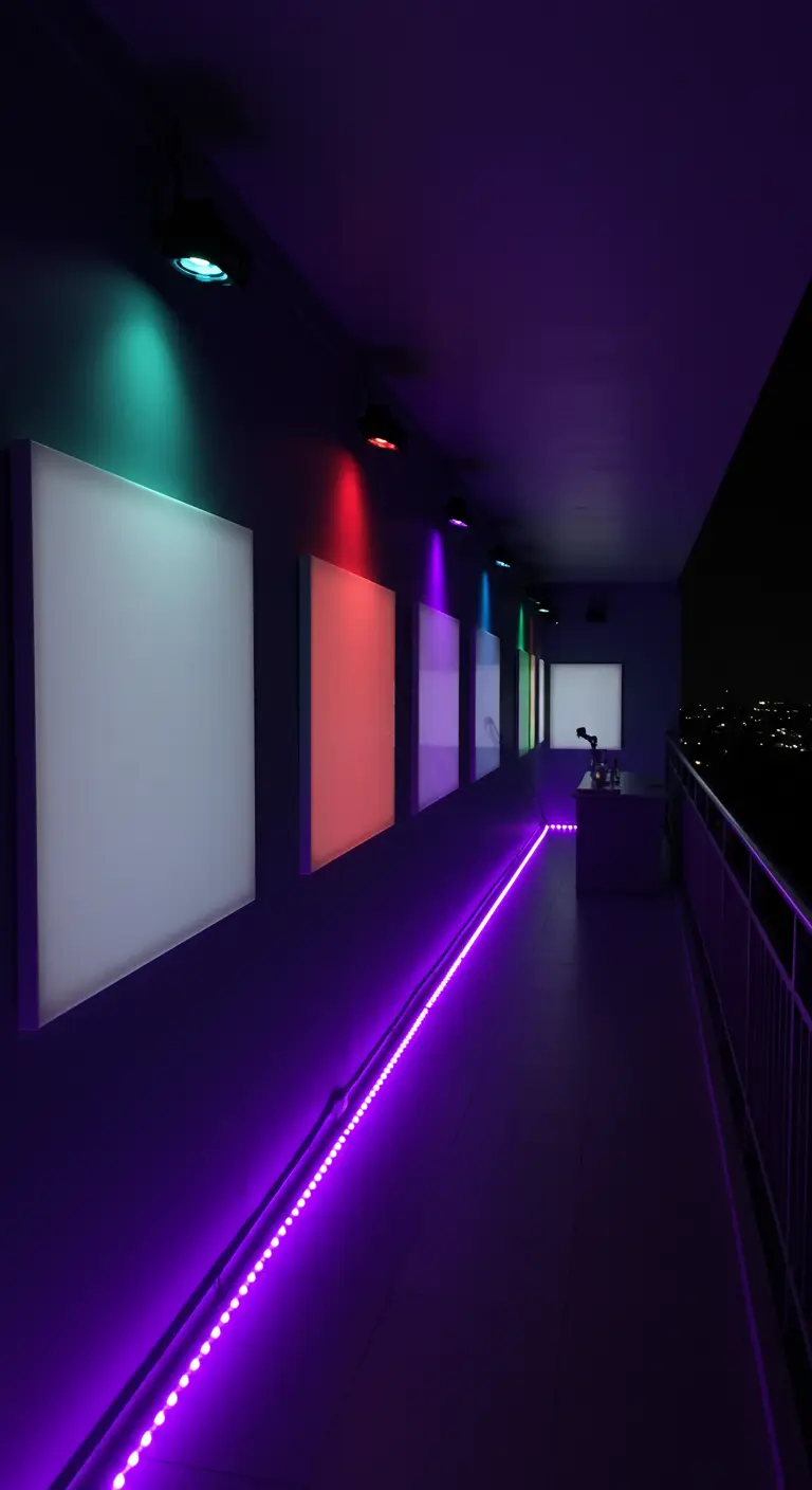 Balcón largo con paneles cuadrados de luz de colores en la pared y una tira de luz LED morada en el suelo