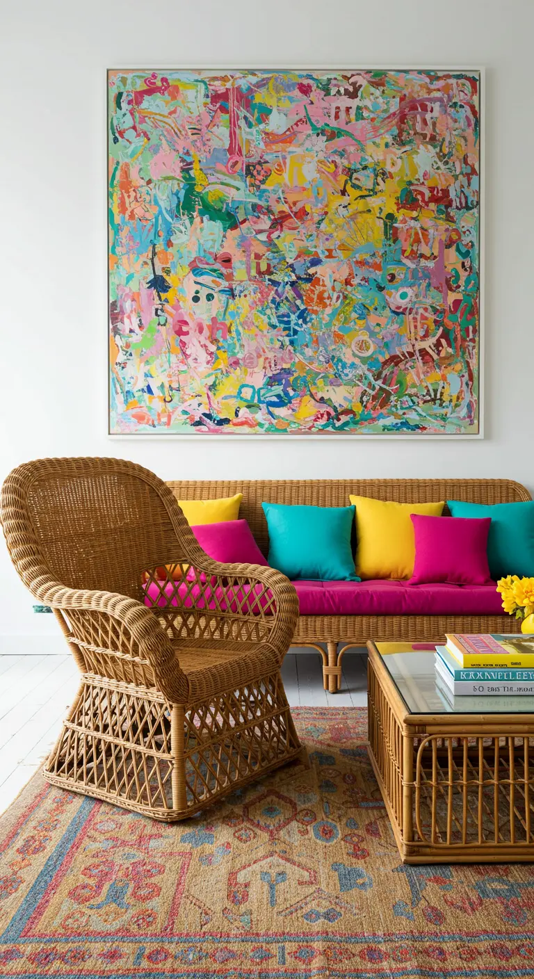Salón ecléctico con sillón y sofá de ratán, cojines de colores vivos y un gran cuadro abstracto.