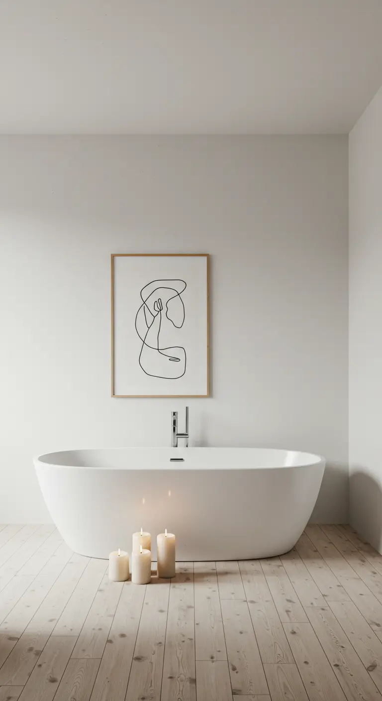 Bañera exenta en un baño blanco minimalista con un cuadro de arte lineal en la pared.