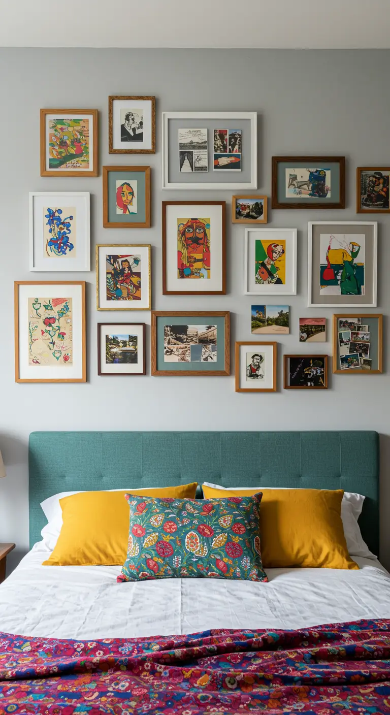 Pared de galería con marcos de distintos tamaños y estilos colgados sobre el cabecero de la cama.