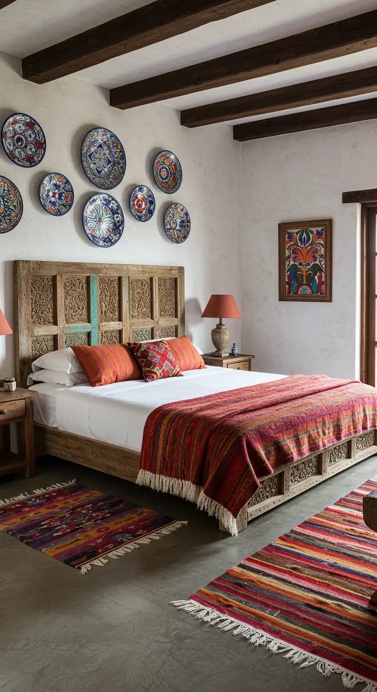 Dormitorio rústico con platos de cerámica talavera colgados sobre una cama de madera tallada.