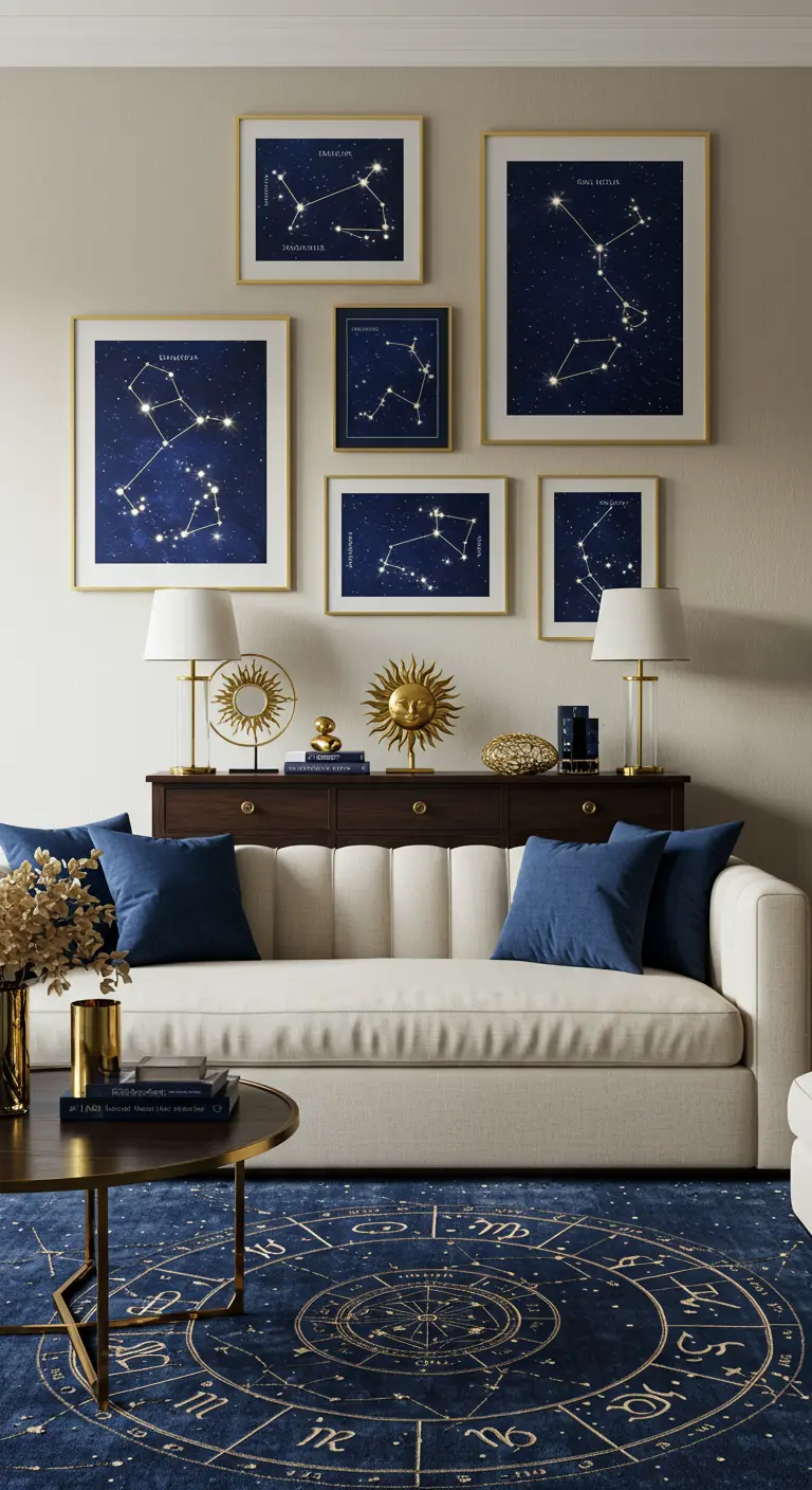 Pared de acento con una galería de cuadros de constelaciones sobre un sofá color crema.