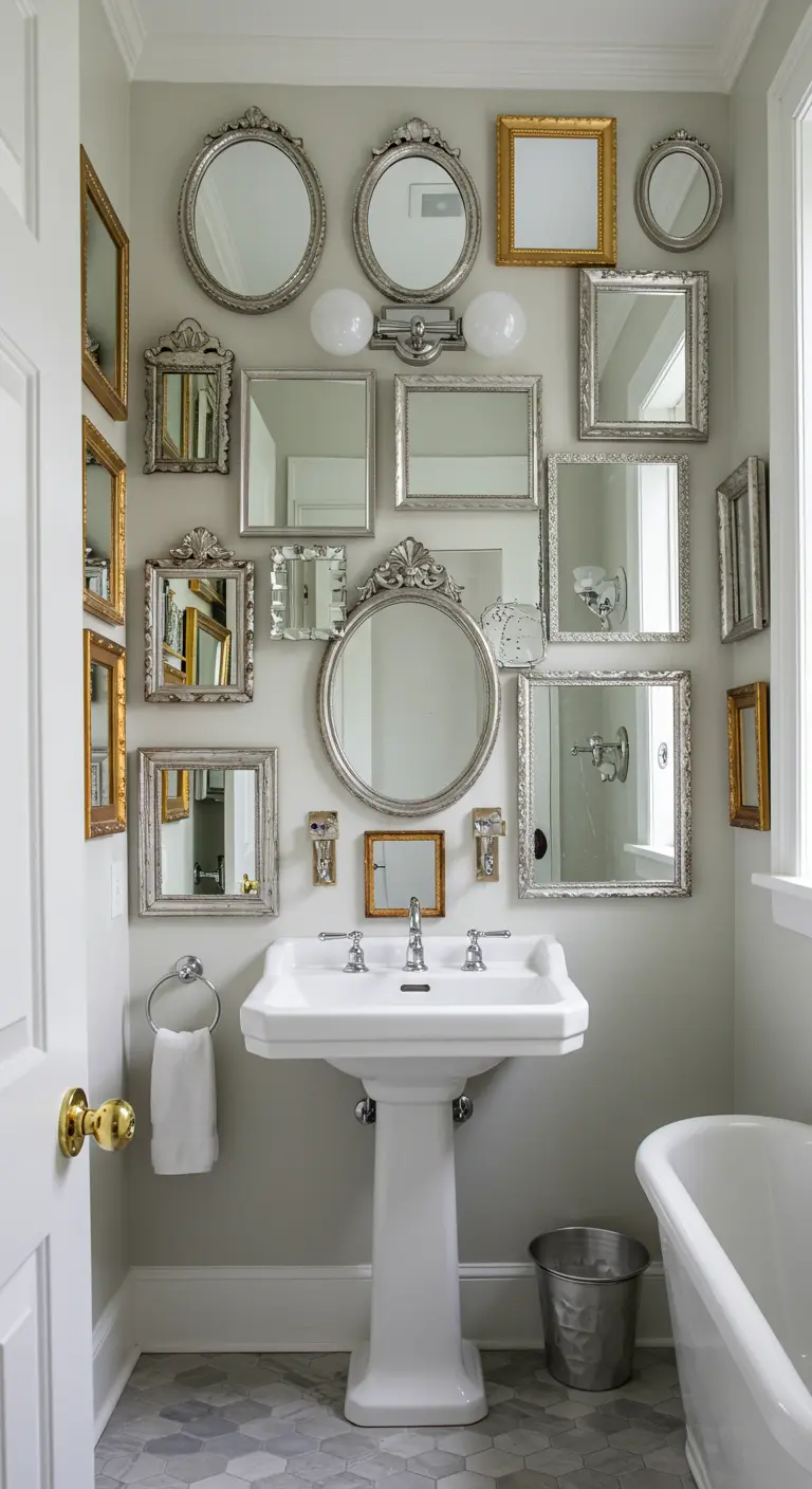 Pared de baño cubierta con una colección de espejos de diferentes formas y tamaños