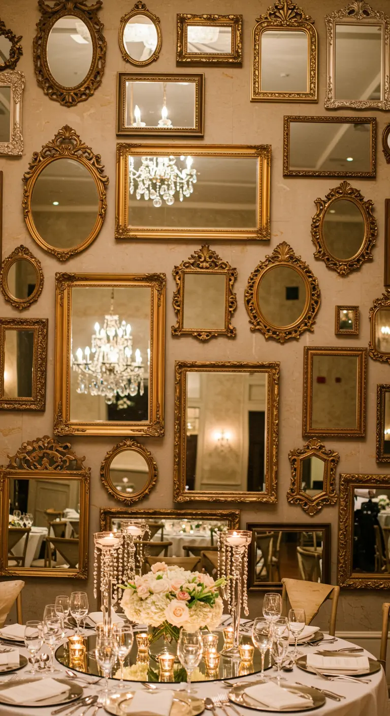 Pared decorada con una colección de espejos vintage con marcos dorados detrás de una mesa de boda.