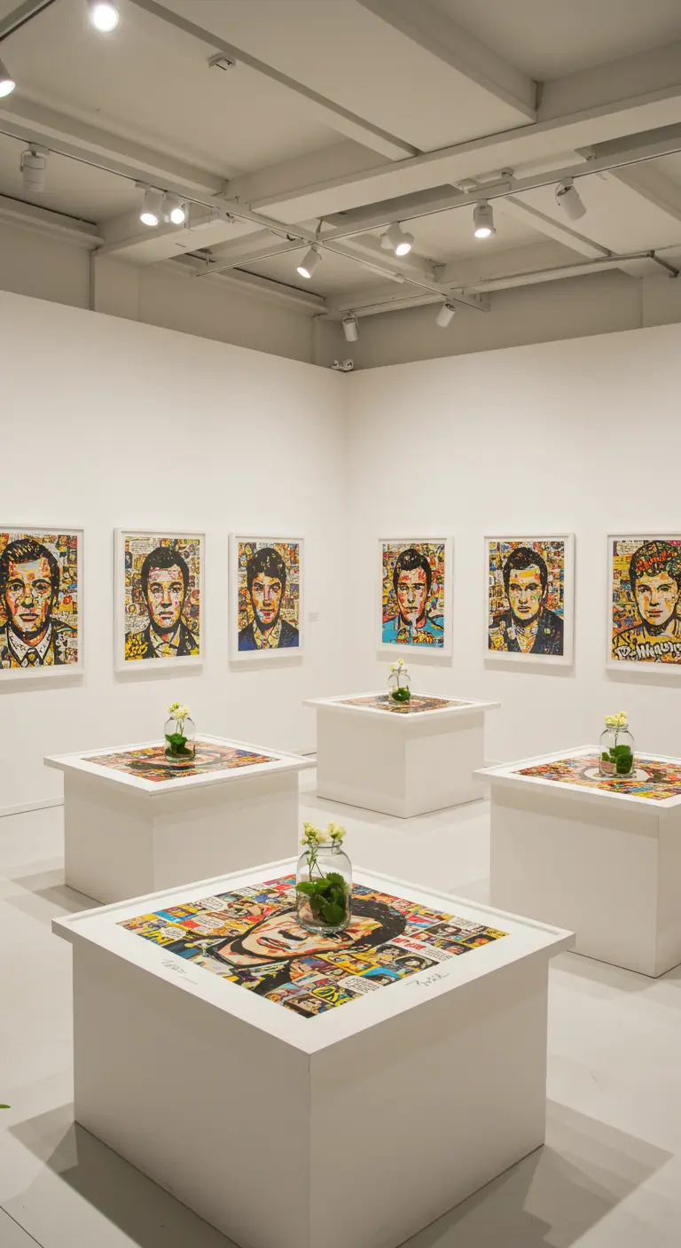 Mesas blancas en una galería de arte con collages de cómics y pequeños jarrones de flores.