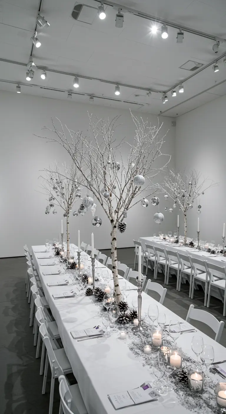 Mesa larga y blanca en un espacio minimalista con árboles de abedul blancos como centros de mesa.
