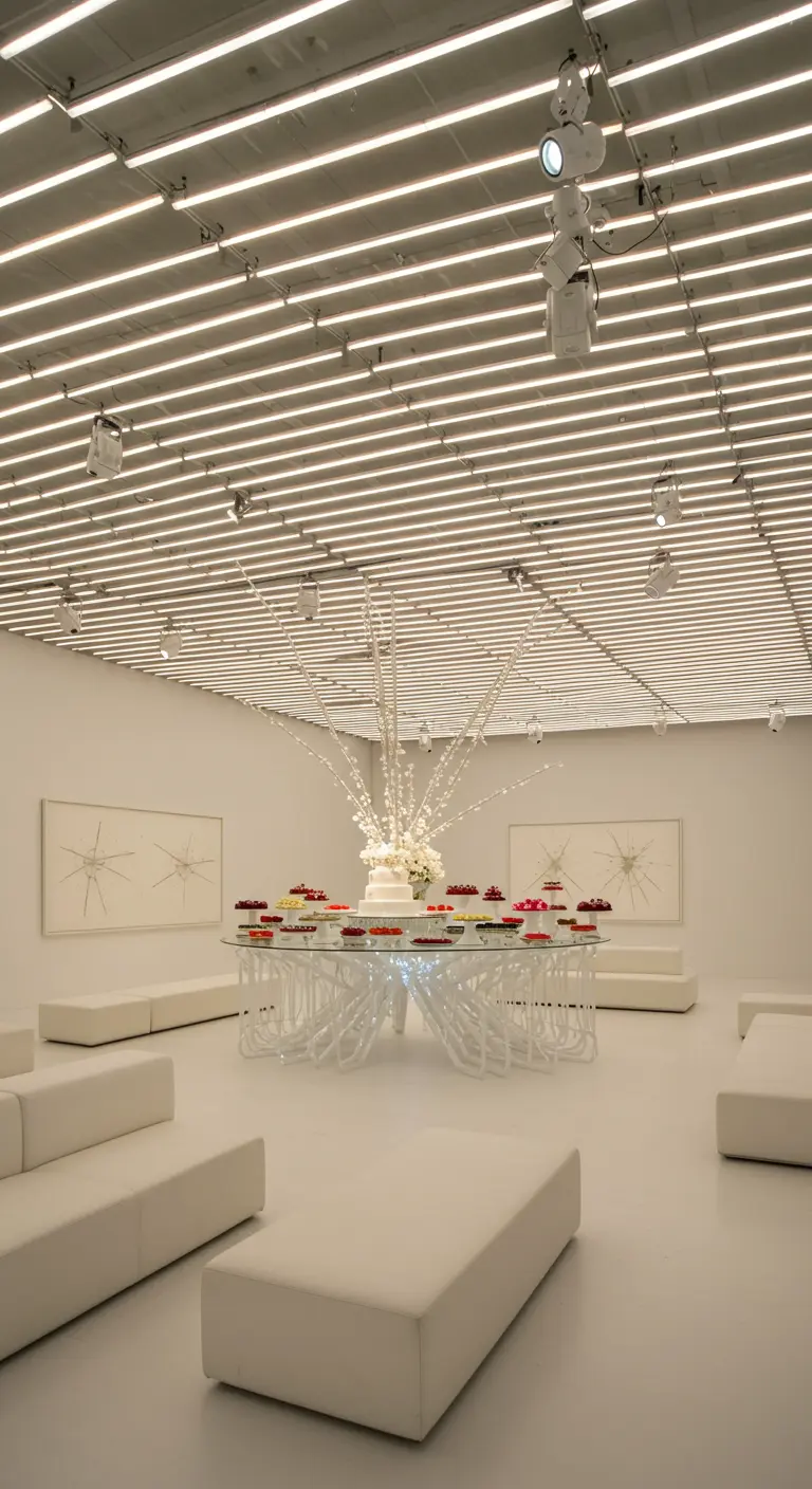 Espacio blanco y minimalista con un techo cubierto de líneas de luz fluorescente.