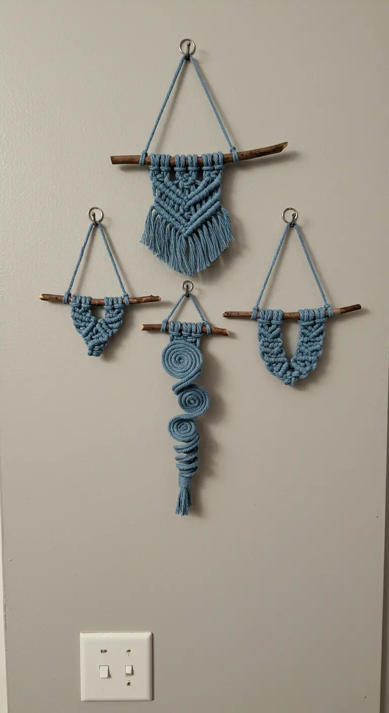 Colección de cuatro pequeños tapices de macramé azul colgados en una pared gris.
