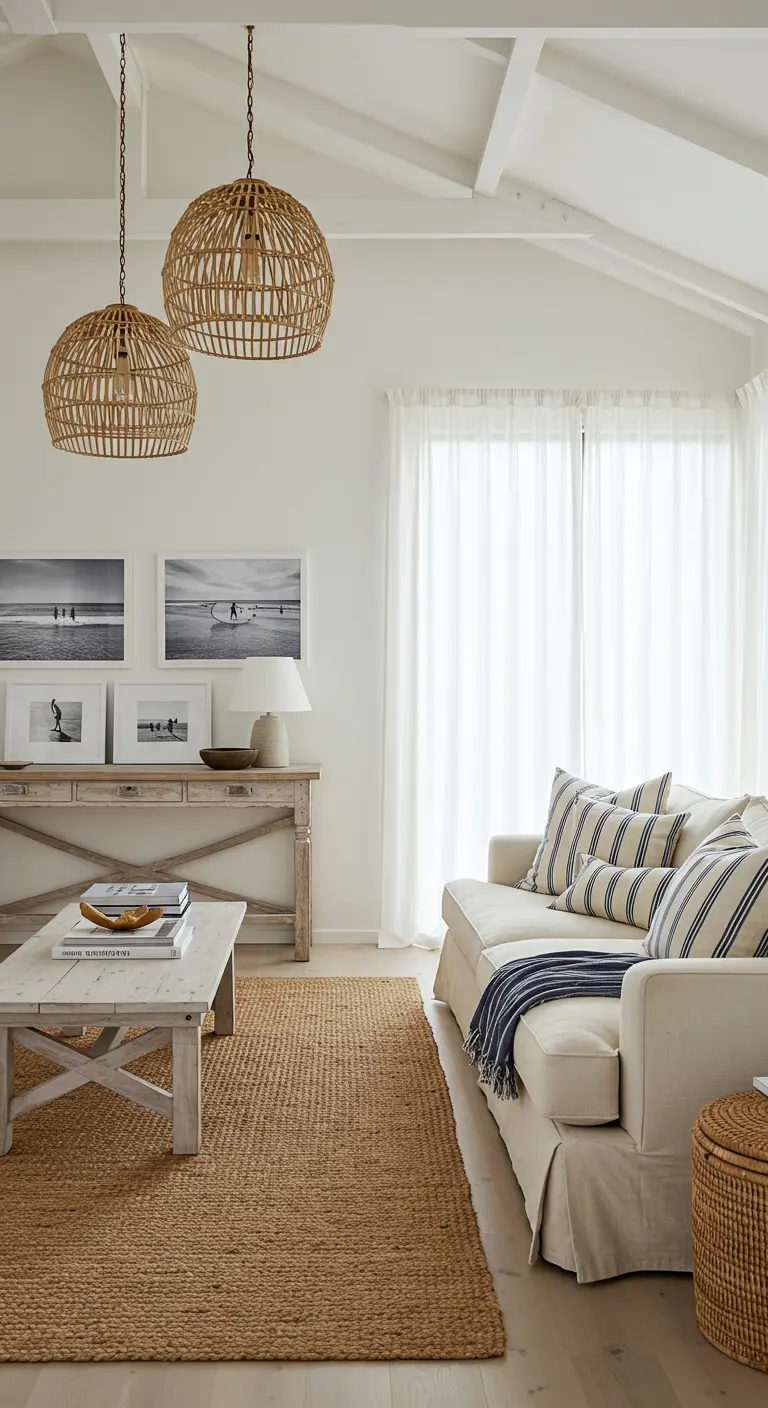 Salón costero blanco con lámparas de ratán, sofá beige y galería de fotos de surf.